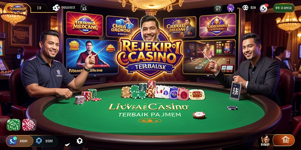 Screenshot utama REJEKIPOP menampilkan dealer langsung yang berinteraksi dengan pemain.
