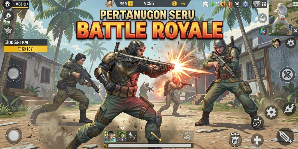 Screenshot gameplay VC55 menampilkan aksi pertempuran intens di peta Battle Royale.